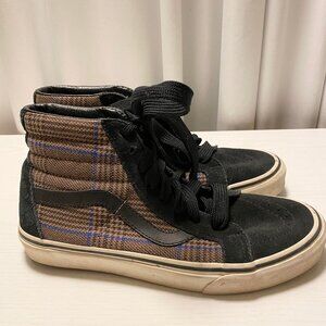 Vans Unisex Sk8-Plaid Canvas Mid Top Sneaker in Black/Brown with Blue Accent.